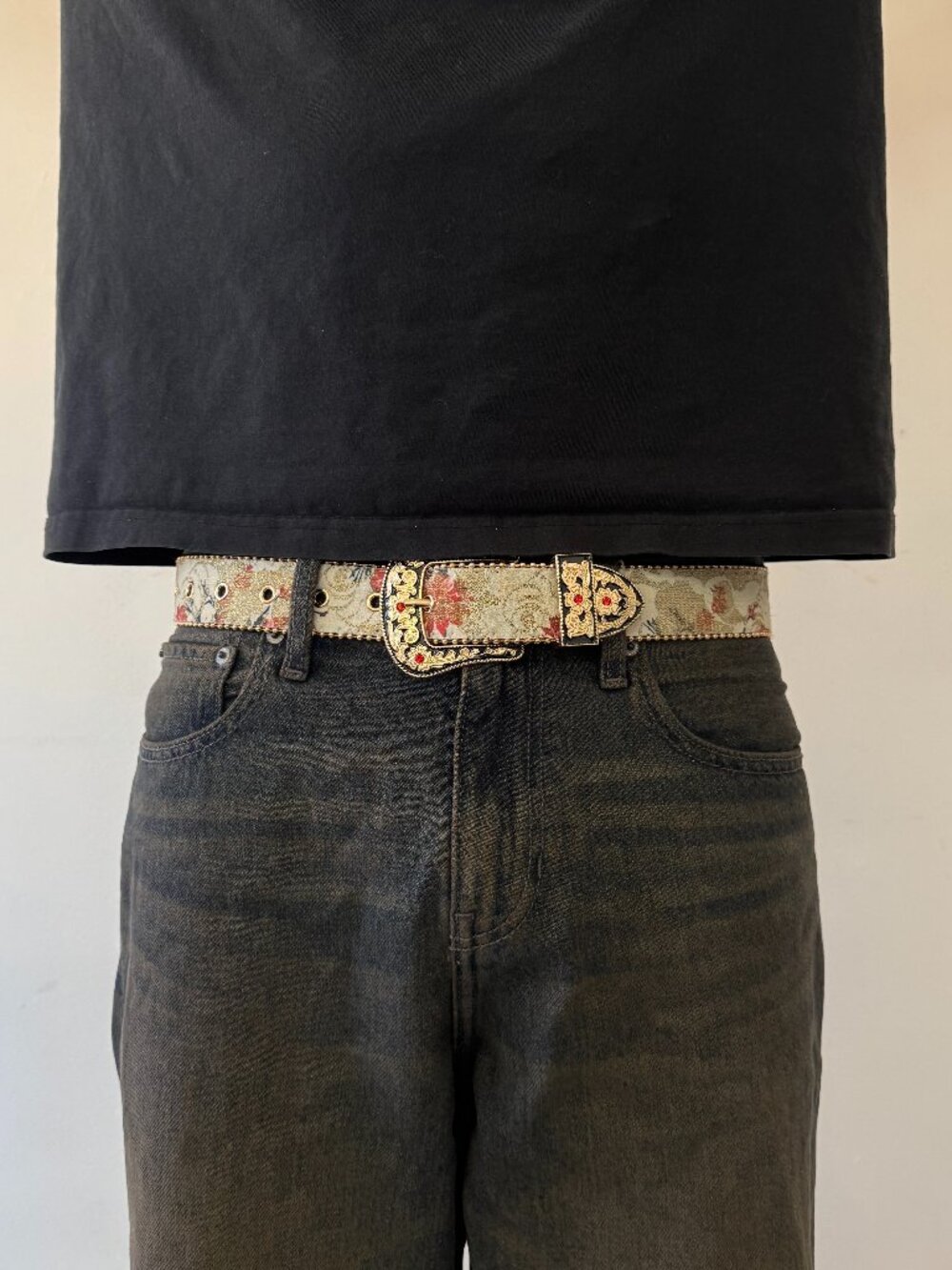 Beige Floral Tapestry Red Stone Western Belt